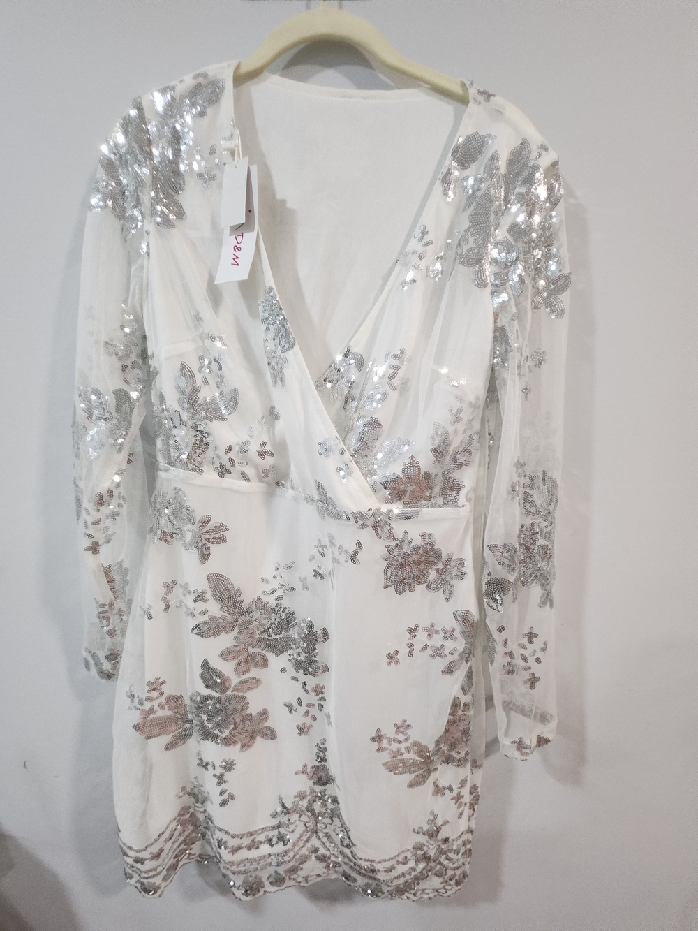 White Sequin Floral Wrap Dress - Picture 2 of 7